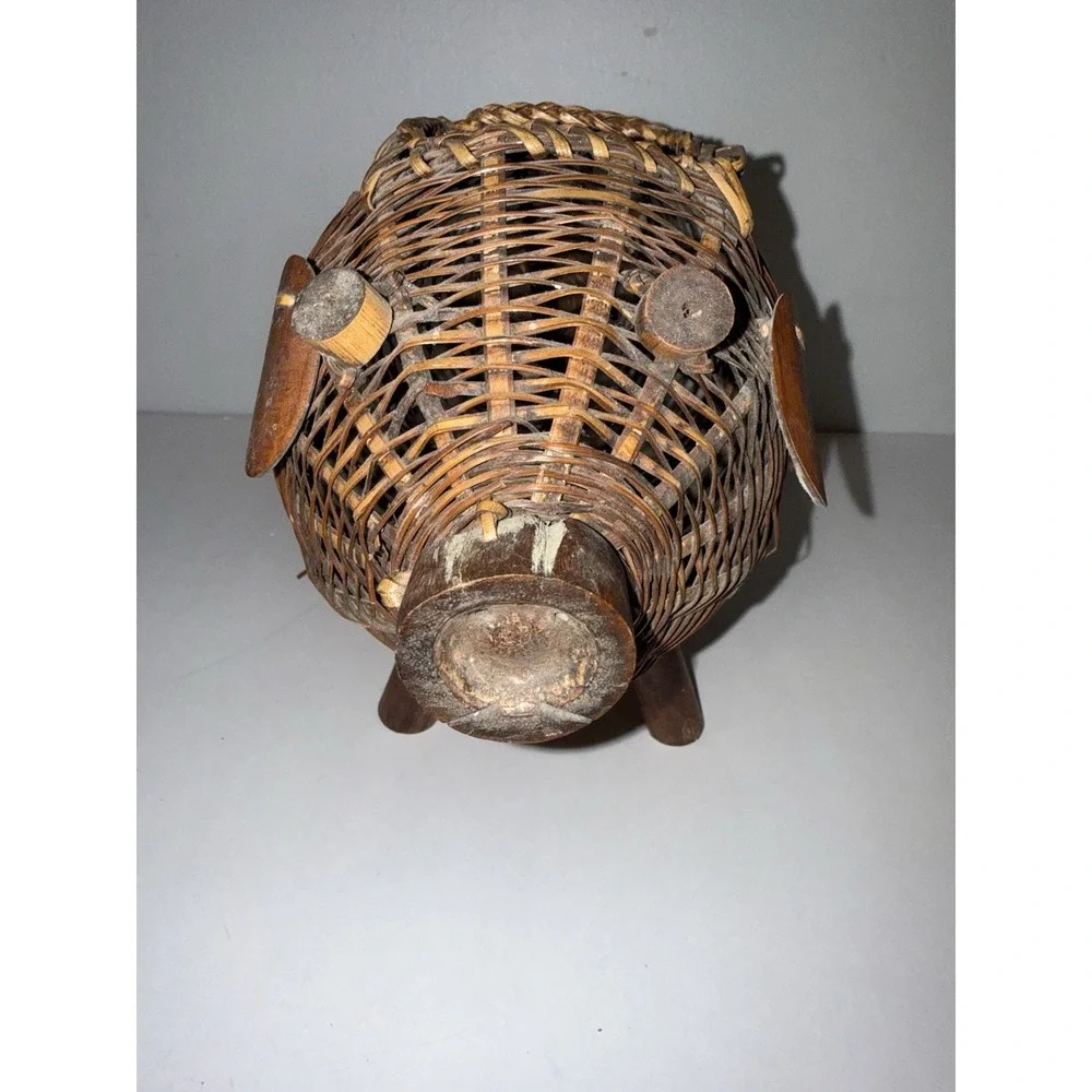 Vintage woven bamboo wicker pig basket planter boho cottagecore decor farmhouse